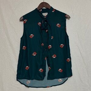 Green Blouse with Fox Details and bow neck. Size small